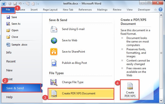Click "File" ->Click "Save& Send" ->Click "Create PDF/ XPS Document" ->Click "Create PDF/ XPS"