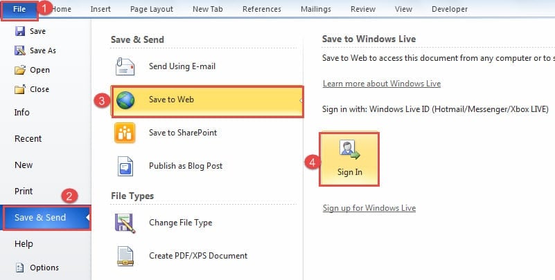Click "File" -> Click "Save& Send" -> Click "Save to Web" -> Click "Sign In" 