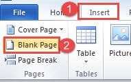 Click "Insert" ->Click "Blank Page"