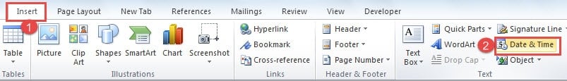 Click "Insert" ->Click "Date& Time"