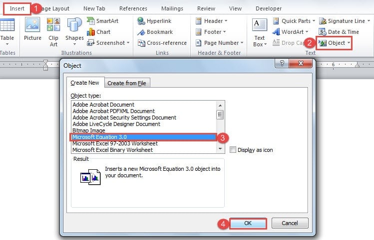 Click "Insert" ->Click "Object" ->Click "Microsoft Equation 3.0" ->Click "OK"