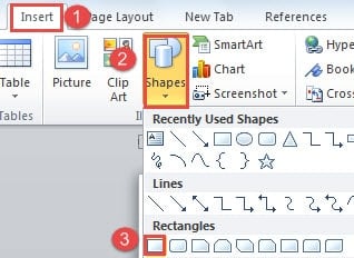 Click "Insert" -> Click "Shapes" -> Choose "Rectangles"