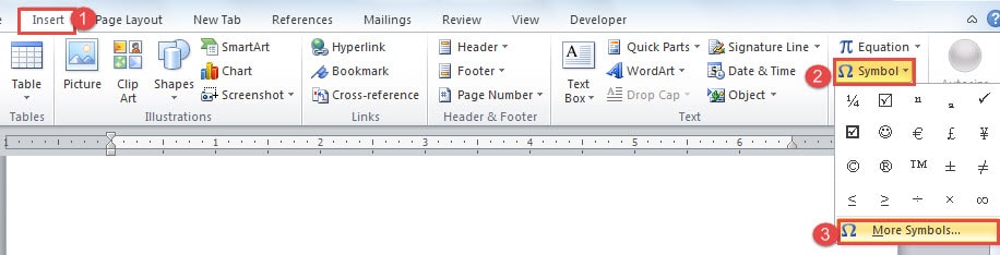 Click "Insert" ->Click "Symbol" ->Click "More Symbols"