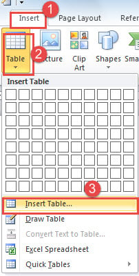 Click "Insert" -> Click "Table" -> Choose "Insert Table"