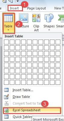 Click "Insert" ->Click "Table" ->Click "Excel Spreadsheet"