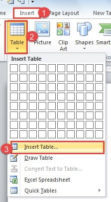Click "Insert" ->Click "Table" ->Click "Insert Table"