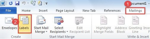 Click "Mailings" Tab ->Click "Labels" in "Create" Group