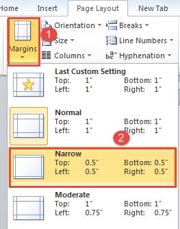 Click "Margins" -> Choose "Narrow"