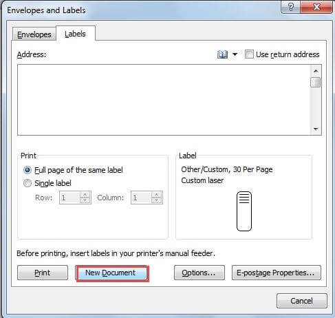 Click "New Document" Button in "Envelopesc and Labels" Dialog Box