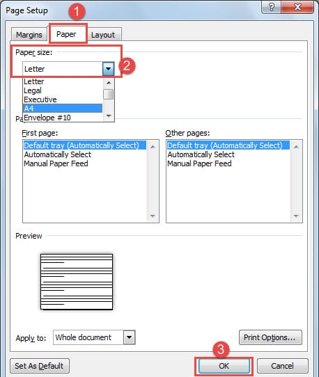 Click "Paper" -> Choose "Paper Size" -> Click "OK"