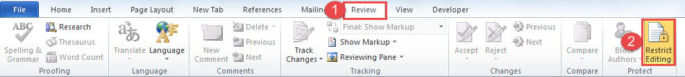 Click "Review" ->Click "Restrict Editing"