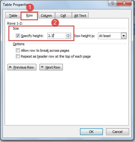 Click "Row" Option -> Type Size Number