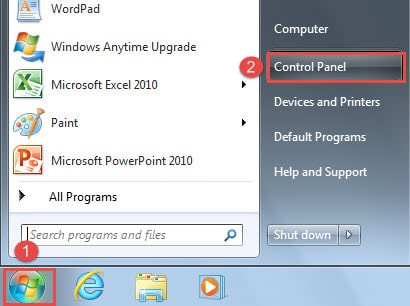 Click "Start" ->Click "Control Panel"