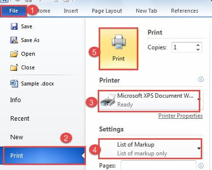  Klikk På "File" - Klikk På "Print" - Velg "Microsoft XPS Document Writer" for "Printer" - Velg "List Of Markup" i "Settings" - Klikk "Print"