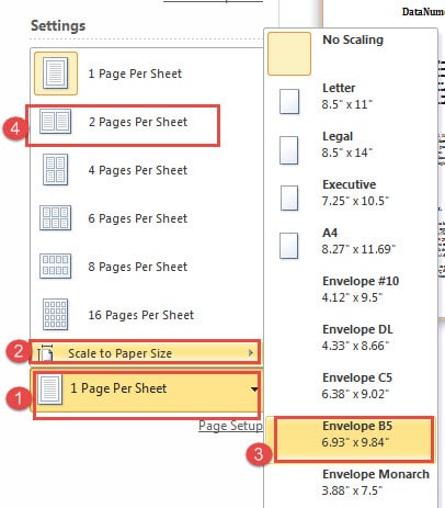 Click the "1 Page Per Sheet" ->Choose "Scale to Paper Size" ->Choose a Paper Size ->Choose "2 Pages Per Sheet"