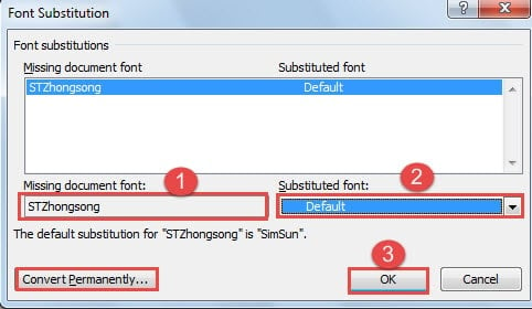 Click the Missing Document Font ->Choose a Substituted Font ->Click "OK"