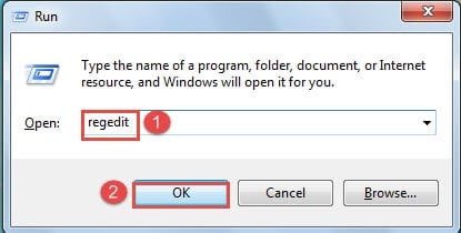 Enter "regedit" in "Open" Text Box ->Click "OK"