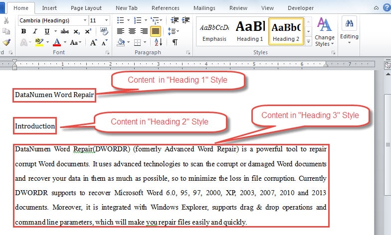 Example of Setting Word Content in Heading Styles