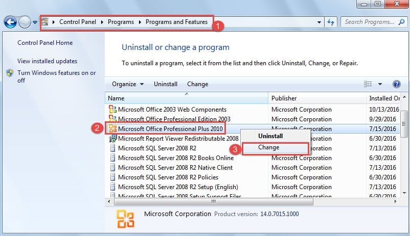 Find Microsoft Office -> Right Click ->Choose "Change"