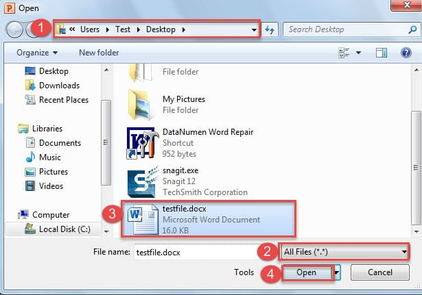 Go to the File Location ->Choose "All Files" for File Type ->Click the File ->Click "Open"
