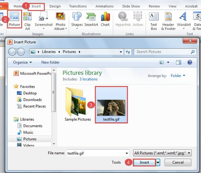 In PowerPoint Click "Insert" ->Click "Picture" ->Choose a Image ->Click "Insert"