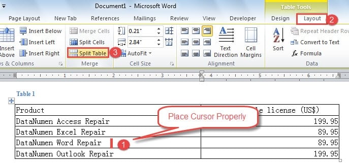 Place Cursor Properly ->Click "Layout" ->Click "Split Table"