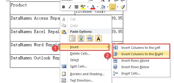 Place Cursor Properly ->Right Click ->Choose Either "Insert Columns to the Left" or "Insert Columns to the Right"