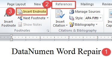 Put Cursor Behind the Text ->Click "References" ->Click "Insert Endnote"