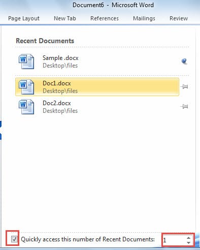 "Quick access this number of Recent Documents" Box and the Spin Box 