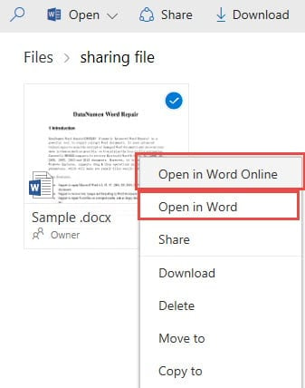 Right Click the File -> Choose "Open in Word Online" or "Open in Word"