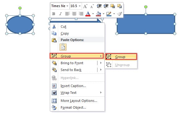 Press "Shift" and "Ctrl" ->Left Click Each Shape ->Right Click ->Choose "Group" ->Choose "Group" Again