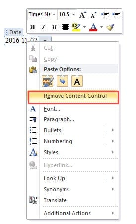 Right Click ->Choose "Remove Content Control"