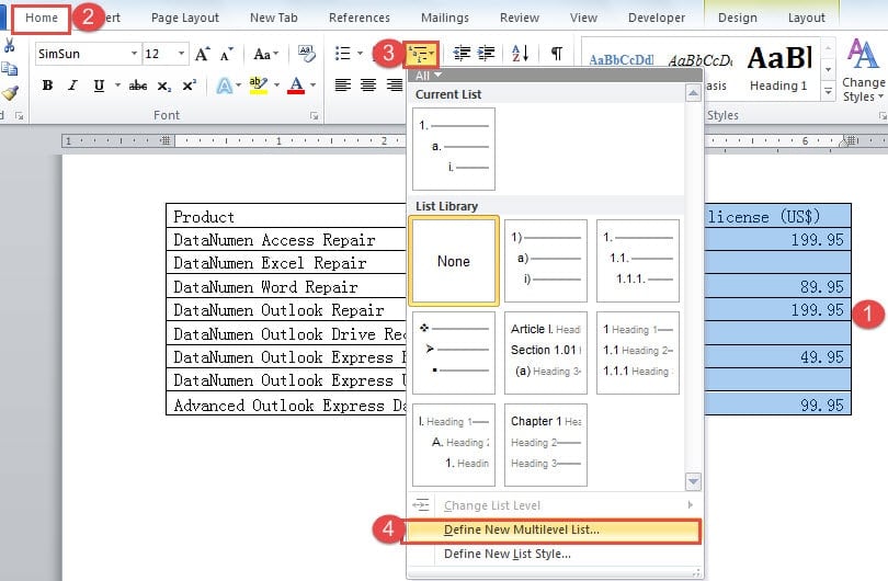 Select an Area Contains Blank Cells ->Click "Home" ->Click "Multilevel List" ->Choose "Define New Multilevel List"