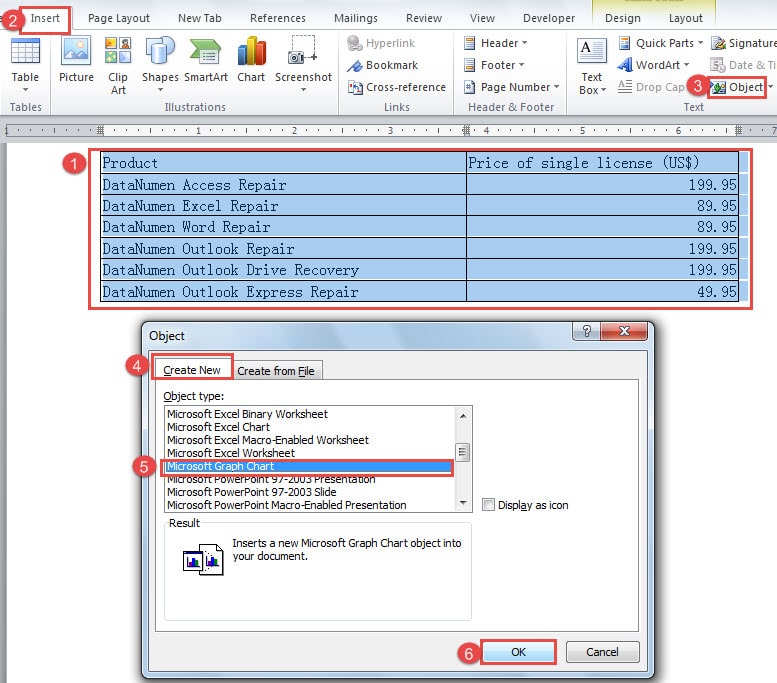 Select the Table ->Click "Insert" ->Click "Object" ->Click "Create New" ->Choose "Microsoft Graph Chart" ->Click "OK"