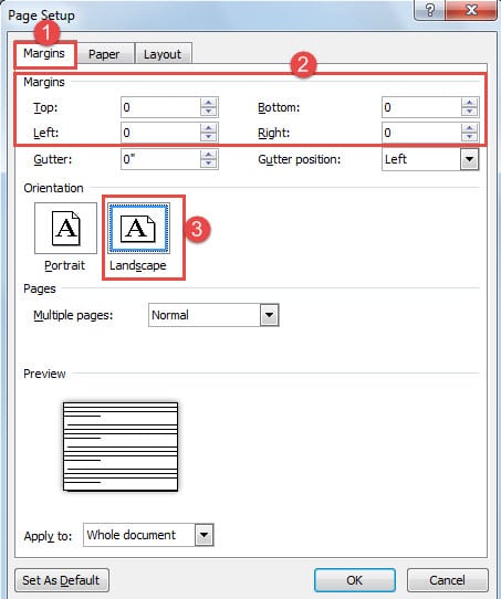 Set "0" for All Margins then Choose "Landscape" Orientation