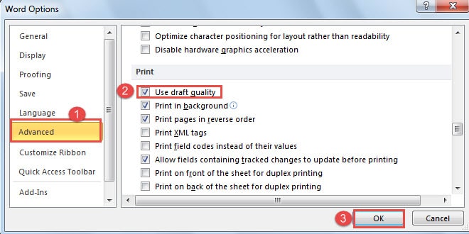 Click "Advanced" ->Check "Use draft quality" ->Click "OK"