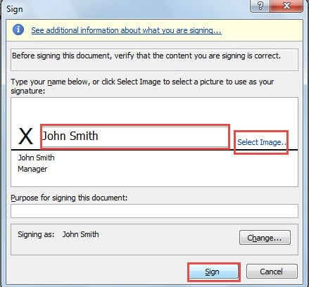 Type Your Name or Select an Image ->Click "Sign"