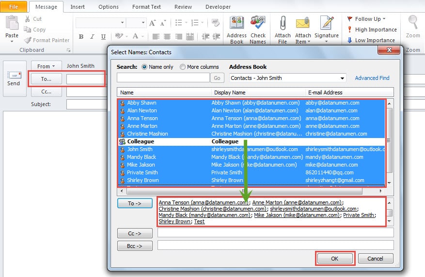 Add Contacts or Addresses in To Field