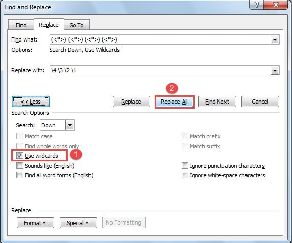 Check "Use wildcards" Box ->Click "Replace All"