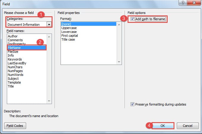 Choose "Document Information" for Category ->Choose "FileName" for Field Name ->Check "Add path to filename" Box ->Click "OK"