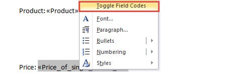 Choose "Toggle Field Codes"
