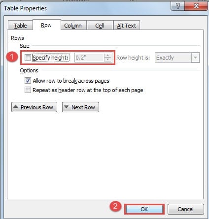 Clear "Specify height" Box ->Click "OK"