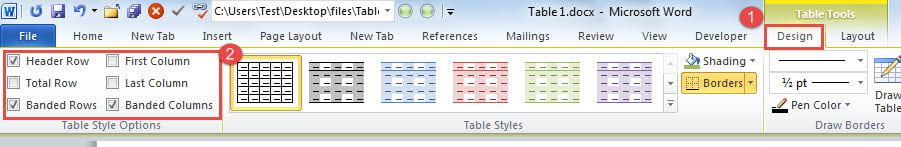 Click "Design" ->Check Table Style Options