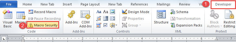 Click "Developer" ->Click "Macro Security"