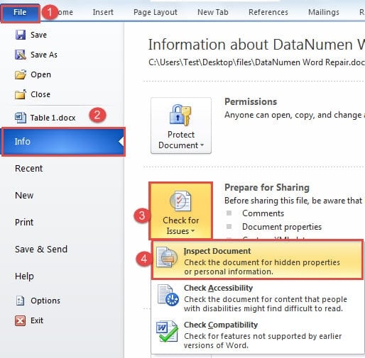 Clicca "File" -Clicca "Info" -Clicca "Controlla problemi" -Clicca "Ispeziona documento""File" ->Clicca "File" -Clicca "Info" -Clicca "Controlla problemi" -Clicca "Ispeziona documento""Info" ->Clicca "File" -Clicca "Info" -Clicca "Controlla problemi" -Clicca "Ispeziona documento""Check for Issues" ->Clicca "File" -Clicca "Info" -Clicca "Controlla problemi" -Clicca "Ispeziona documento""Inspect Document"