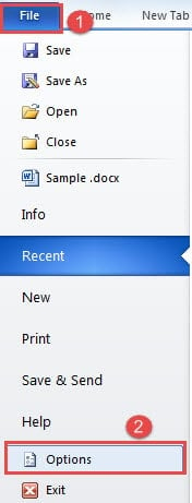 Click "File" -> Click "Options"