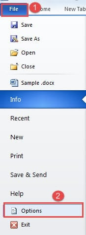 Click "File" ->Click "Options"