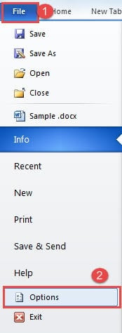 Click "File" ->Click "Option"