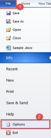 Click "File" ->Click "Options"