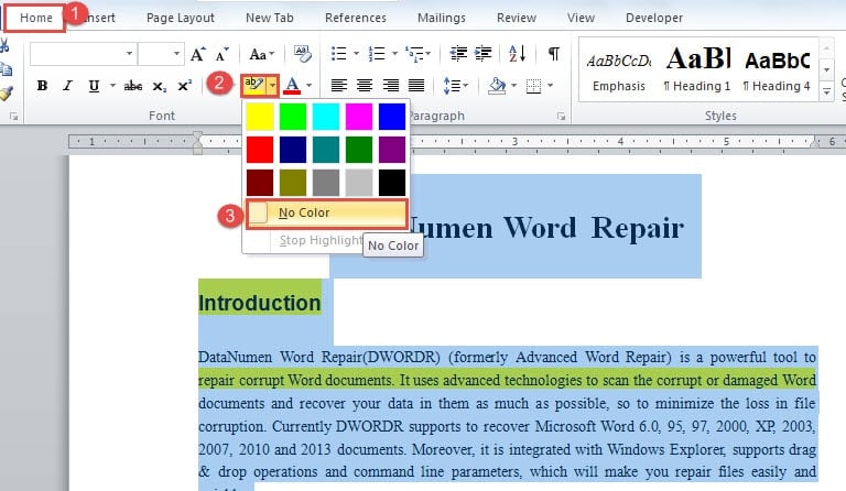 highlight a word in word